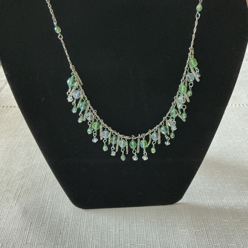 Green Rhinestone Vintage Silver Tone Necklace